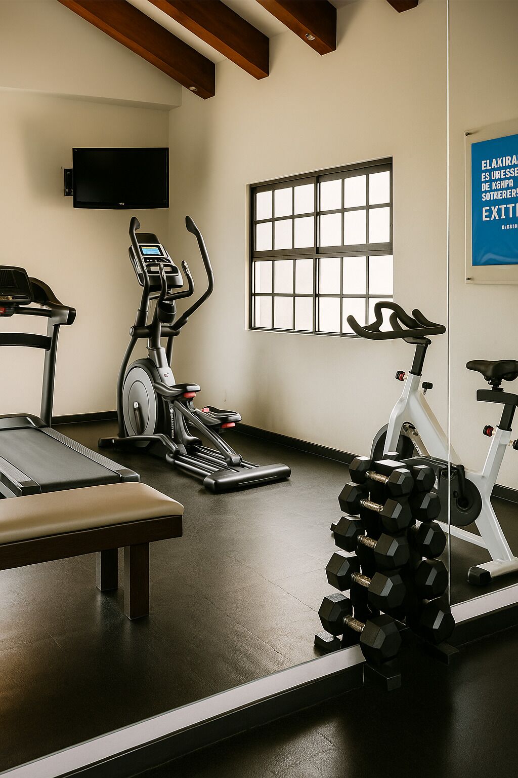 A gym with exercise equipment including treadmills, an elliptical, and dumbbells.