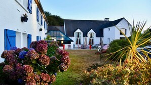 Ein weißes Gebäude mit blauen Fensterläden, ein Garten mit Hortensien und ein klarer Himmel.