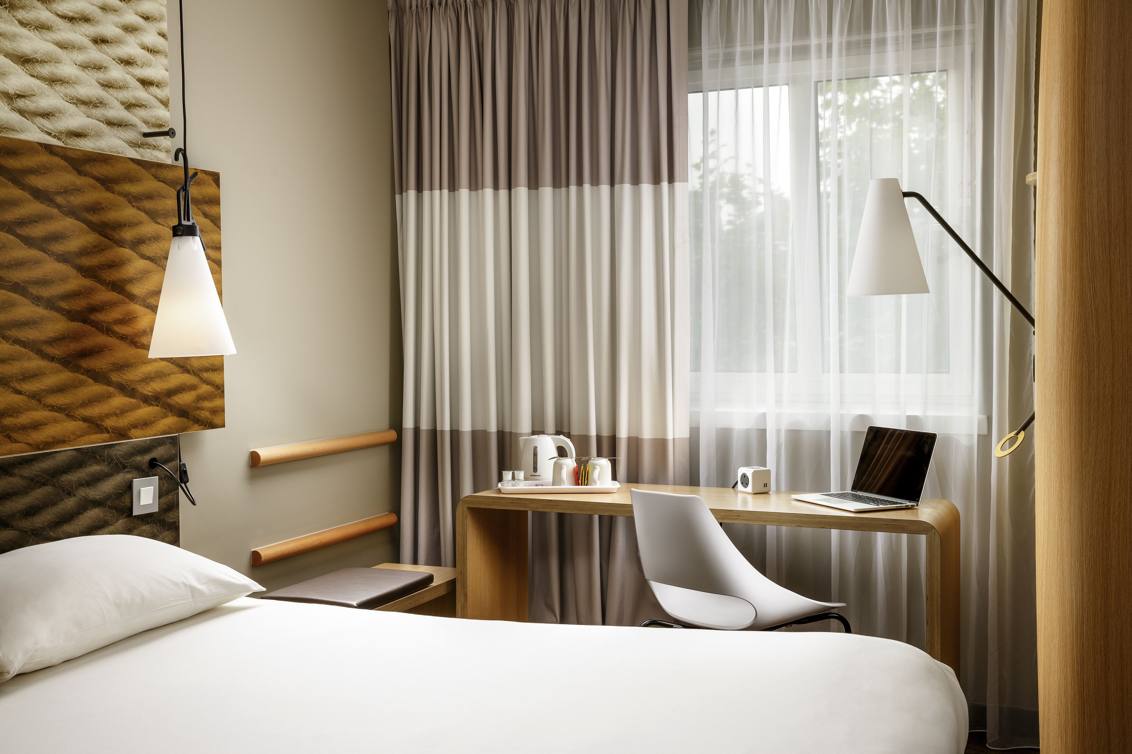 desk, laptop workspace, blackout curtains, free wifi