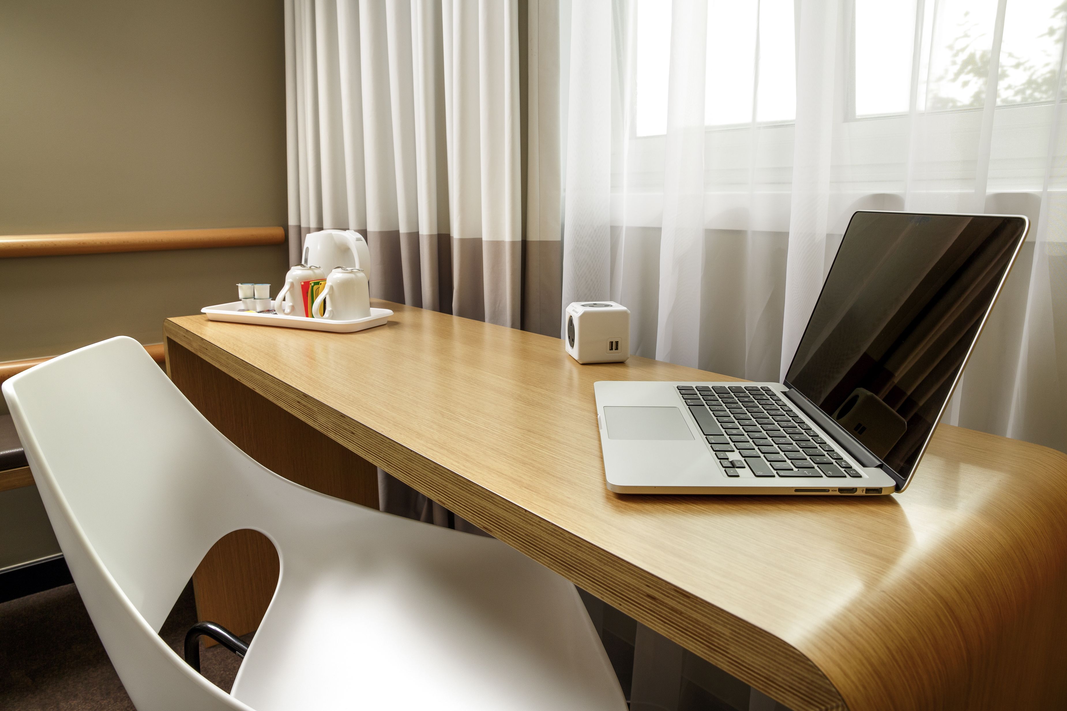 desk, laptop workspace, blackout curtains, free wifi