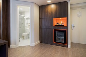 Shower, rainfall showerhead, designer toiletries, hair dryer