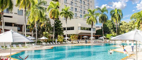 Outdoor pool, pool umbrellas, pool loungers