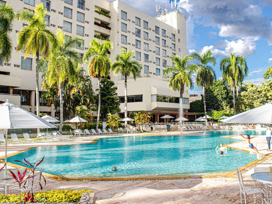 Outdoor pool, pool umbrellas, pool loungers