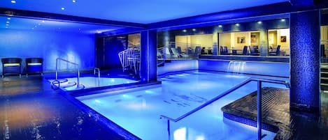 Indoor pool, outdoor pool, pool loungers