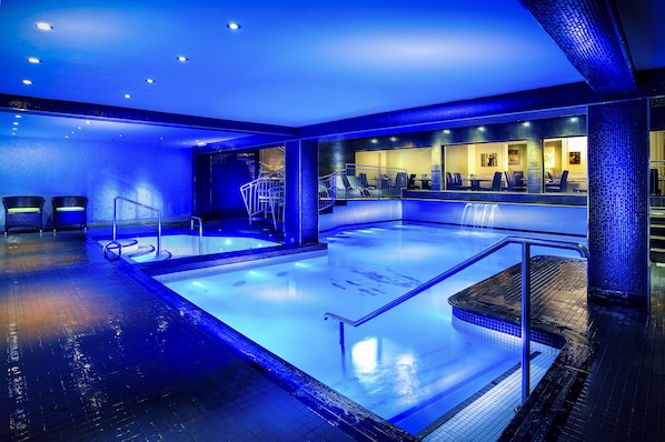 Indoor pool, outdoor pool, pool loungers