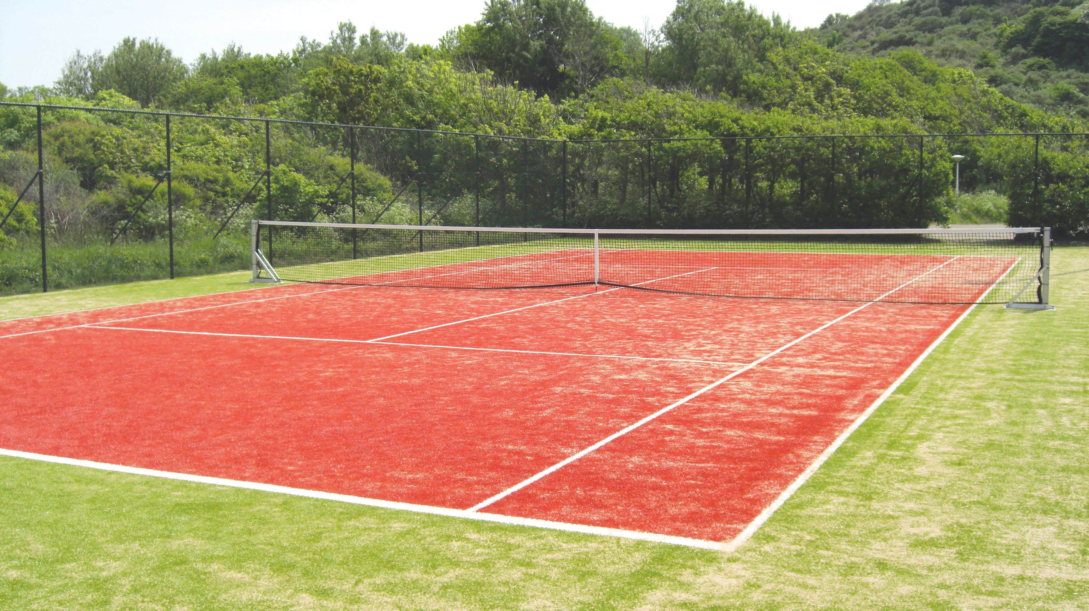 Een tennisbaan met een net, omringd door een hek en bomen.