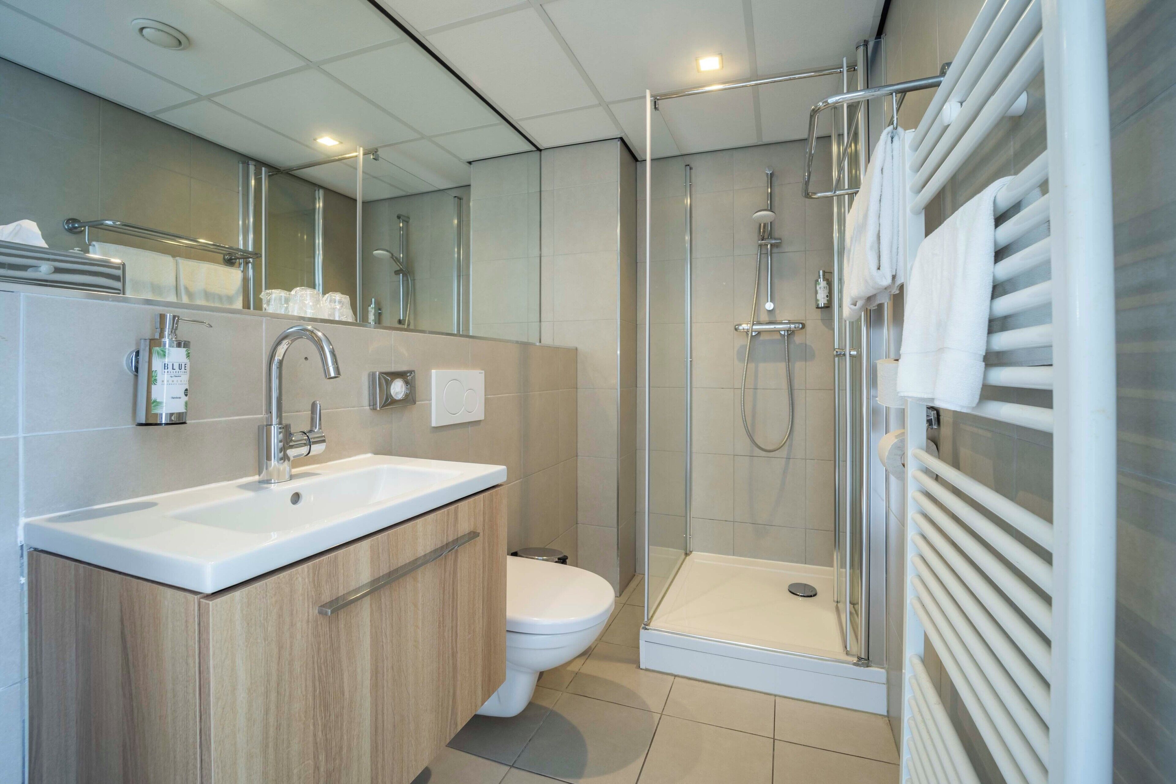 A modern bathroom with a sink, toilet, and walk-in shower.