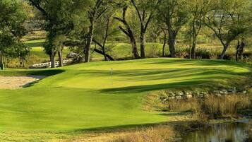 A golf course with a water hazard, trees, and a stone wall.