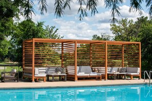 Seasonal outdoor pool, pool umbrellas, sun loungers