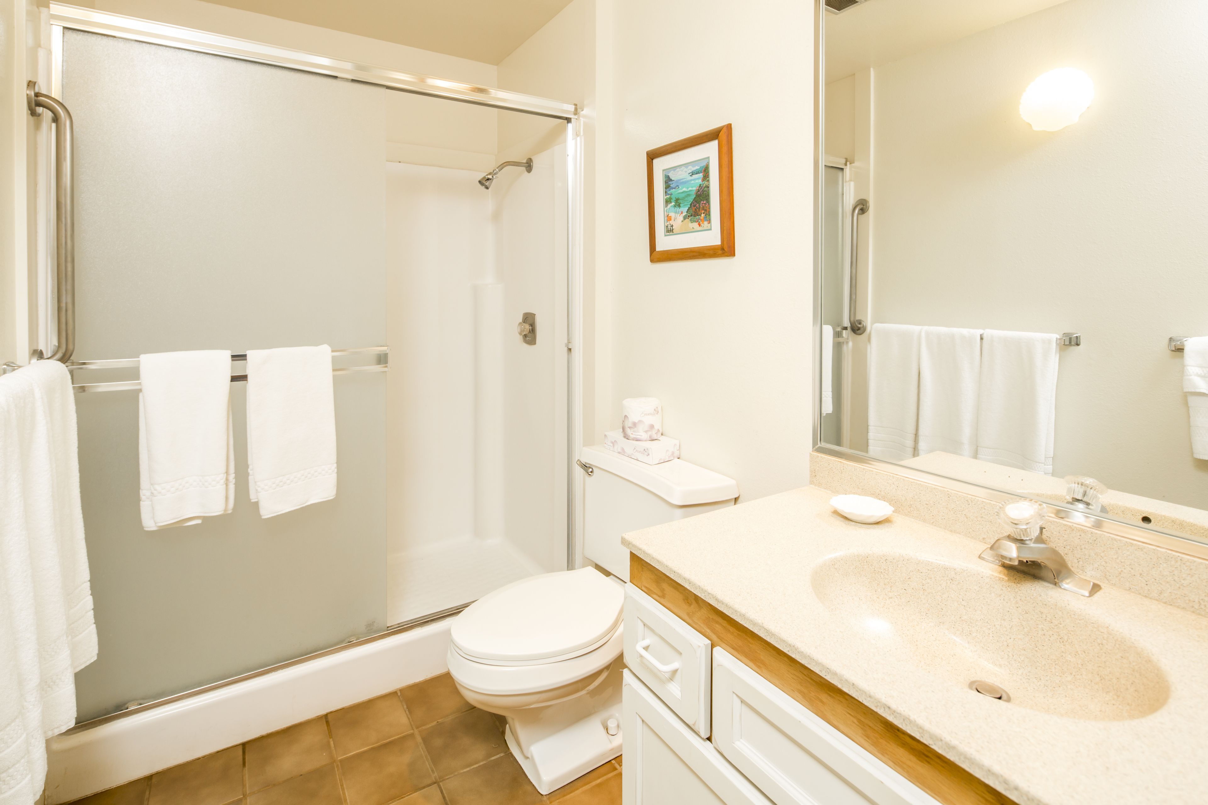 Une salle de bain équipée d’une douche, de toilettes, d’un lavabo et d’un tableau encadré au mur.