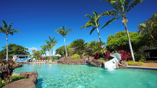 A clear blue pool surrounded by palm trees and rocks, with lounge chairs and umbrellas in the background.