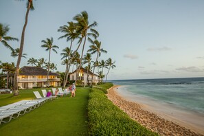 On the beach, white sand, beach towels, scuba diving