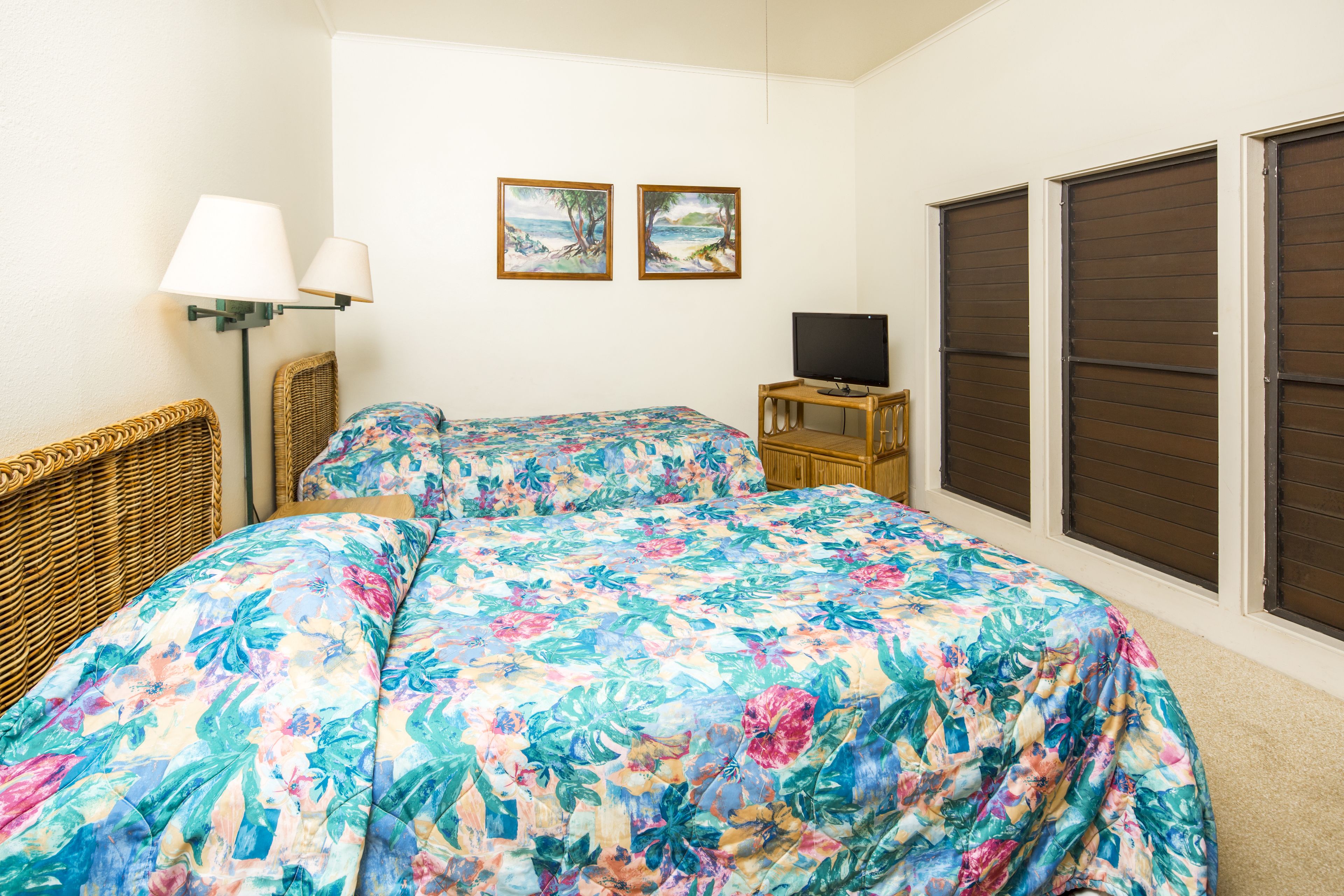 Un dormitorio con dos camas, un televisor y dos cuadros en la pared.
