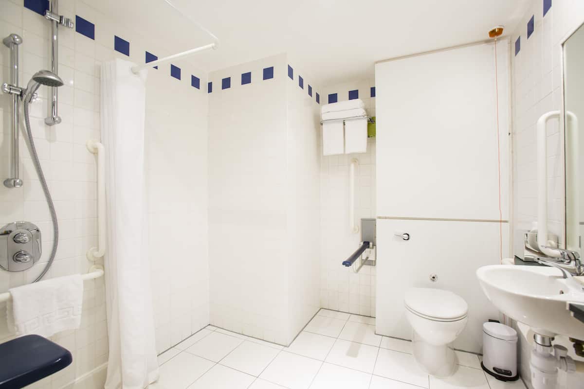 shower, free toiletries, hair dryer, towels