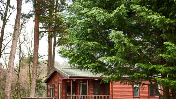 A wooden cabin with a porch, surrounded by trees and a well-maintained garden. - Loch Kinord Hotel (Aboyne)