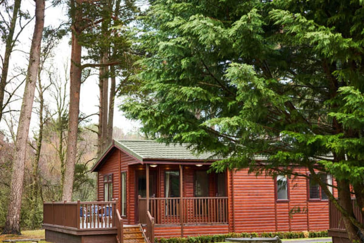 A wooden cabin with a porch, surrounded by trees and a well-maintained garden.