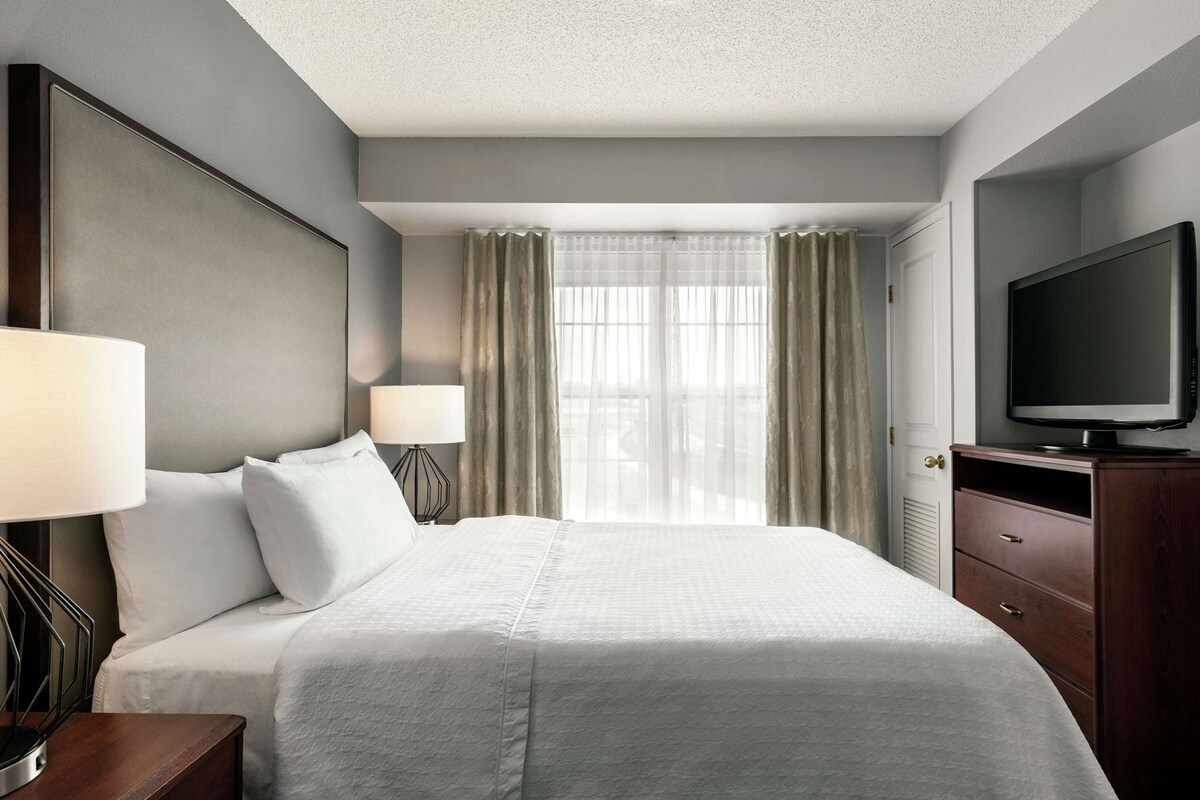 A hotel room with a large bed, a television, a desk with a lamp, and a view of the outdoors through the window.