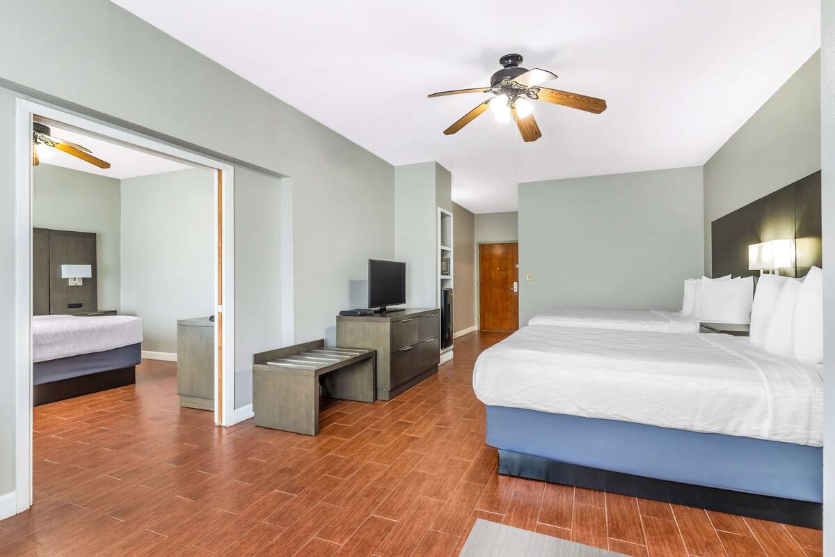 A hotel room with a large bed, a TV, a desk, and a ceiling fan.