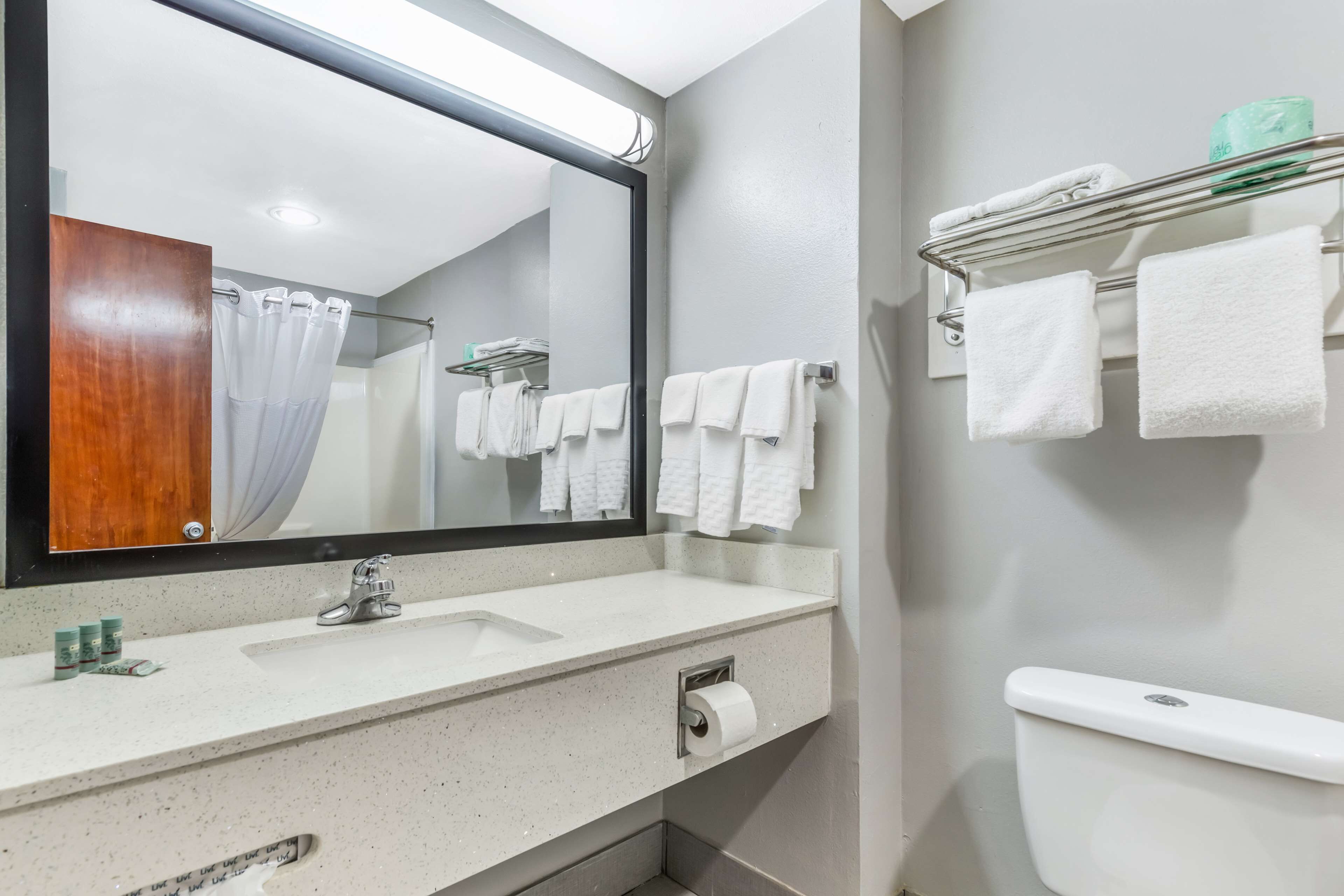 Un baño con un espejo grande, un lavamanos con artículos de aseo, un perchero para toallas y un inodoro.