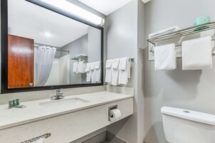 Un baño con un espejo grande, un lavamanos con artículos de aseo, un perchero para toallas y un inodoro.