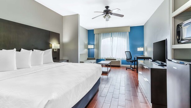 A modern hotel room with a large bed, a desk, a television, and a ceiling fan.