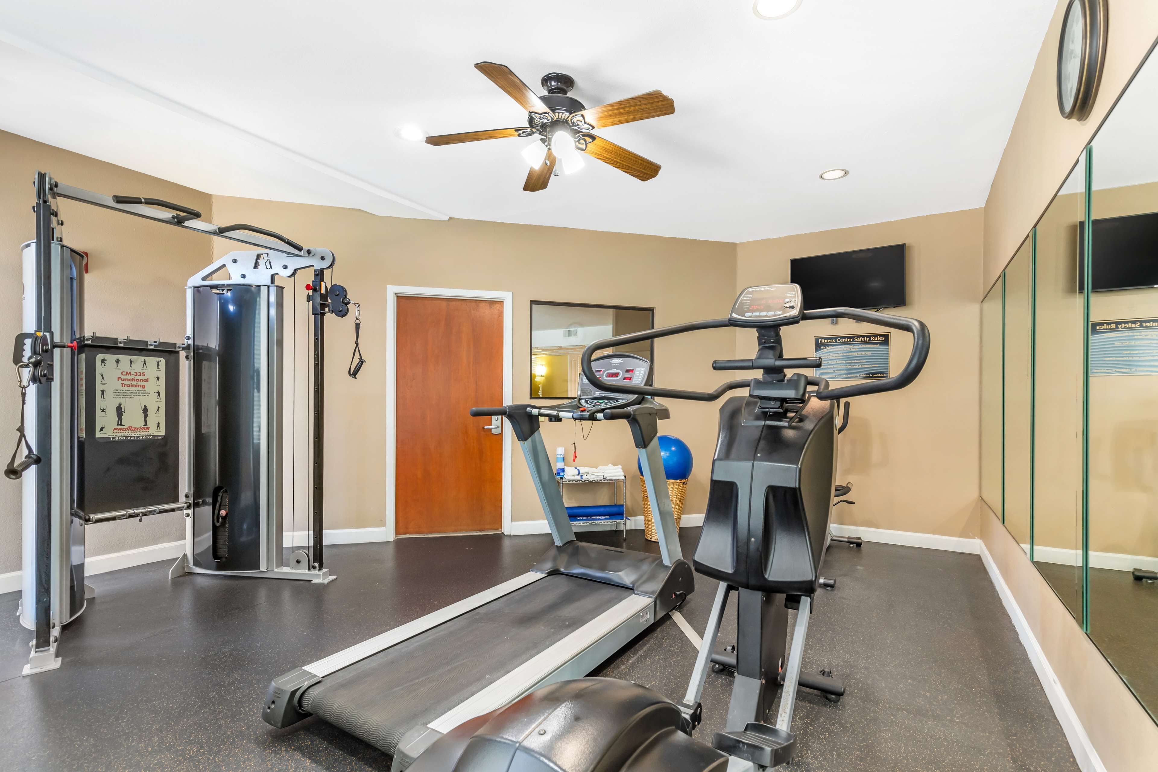A gym with treadmills, weight machines, and a ceiling fan.