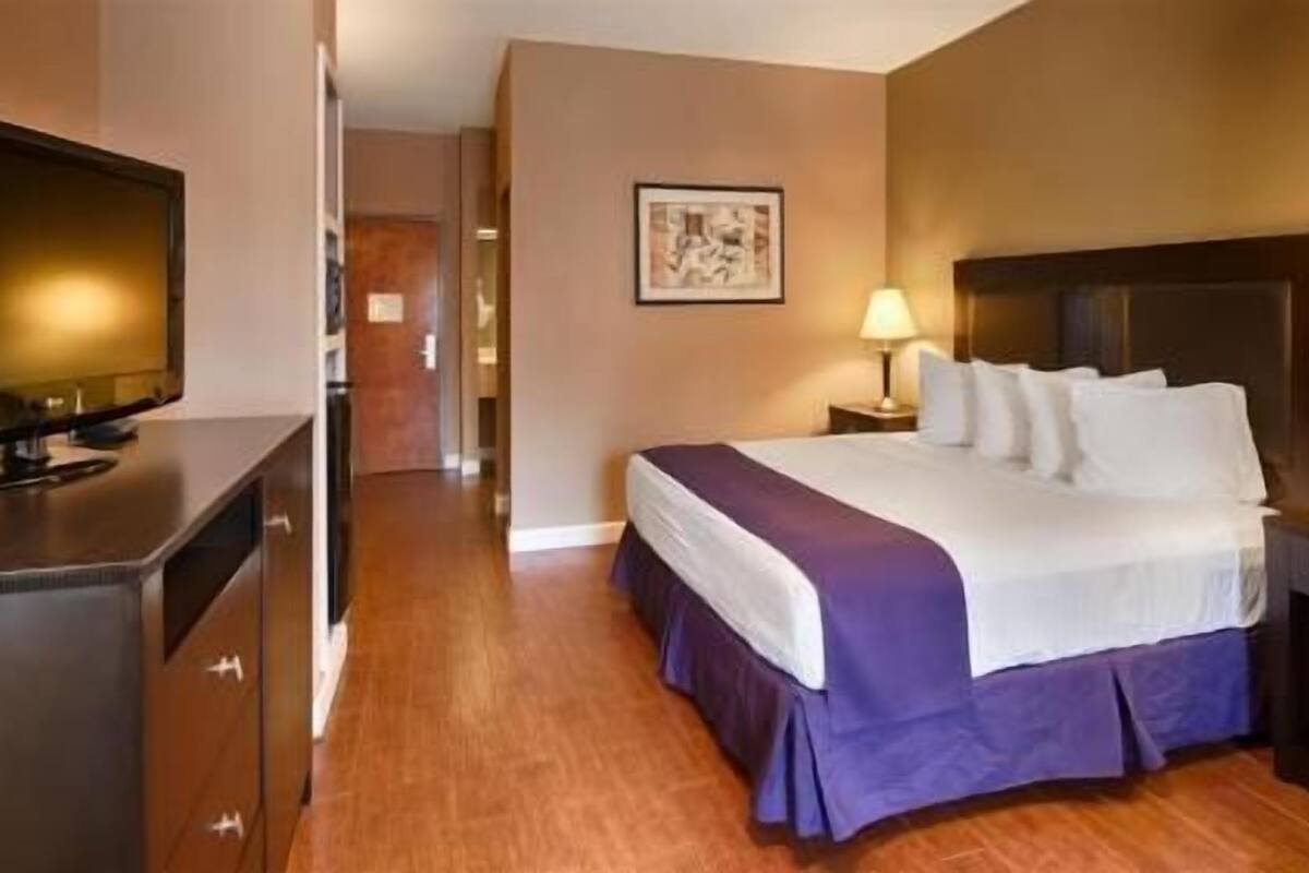 A hotel room with a bed, a desk, a television, and a framed picture on the wall.