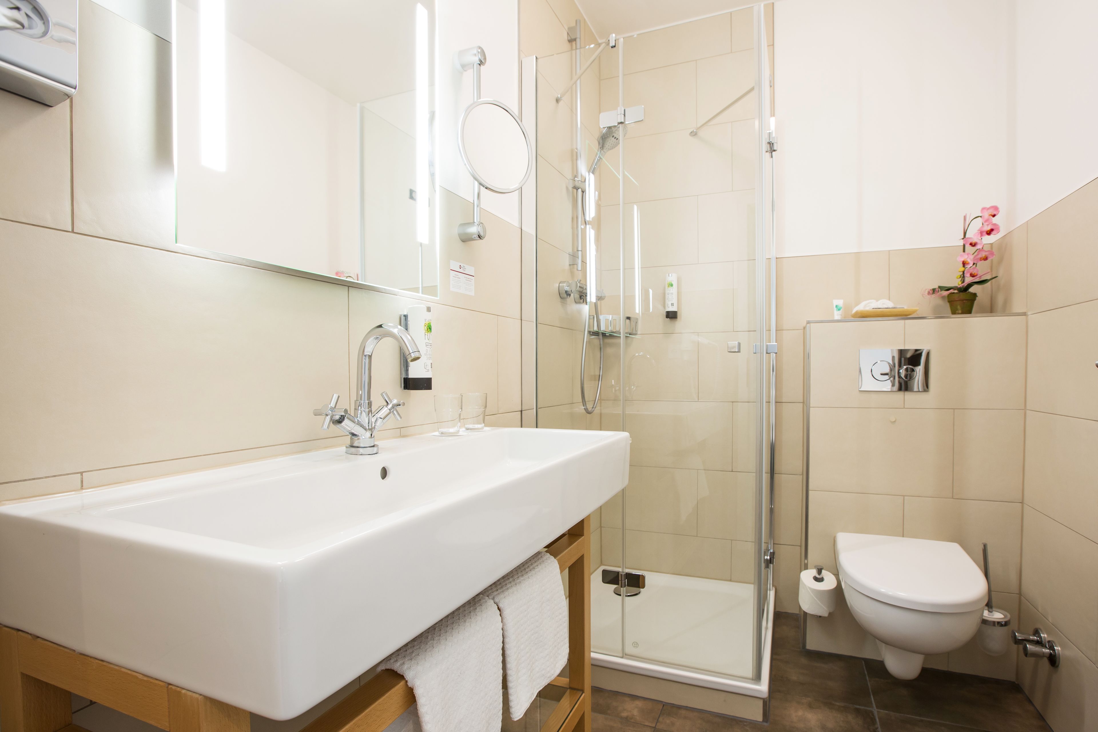 Een moderne badkamer met een groot wastafel, een douchecabine van glas en een toilet.
