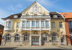 En historisk byggnad med en framträdande skylt som lyder ”Theodor Storm Hotel”. Den har en klassisk arkitektonisk stil med symmetriskt placerade fönster och en central entré.