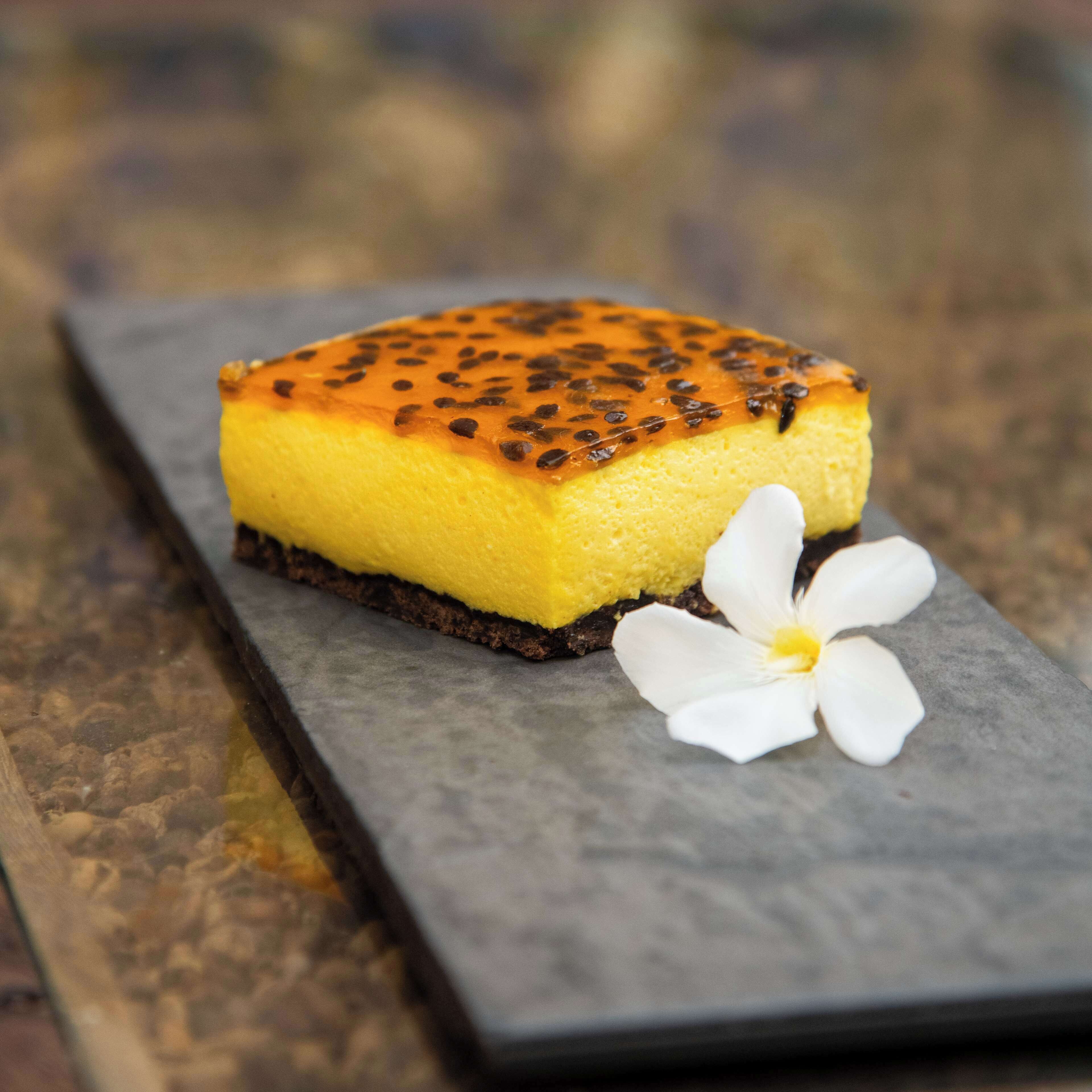 Ein Stück Käsekuchen auf einer Schieferplatte, daneben eine weiße Blüte.