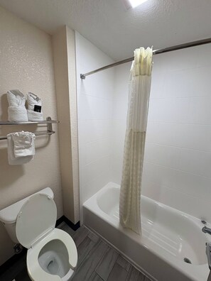 Combined shower/bathtub, free toiletries, hair dryer, towels
