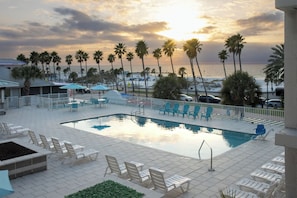 A pool area with lounge chairs, a swimming pool, and palm trees.