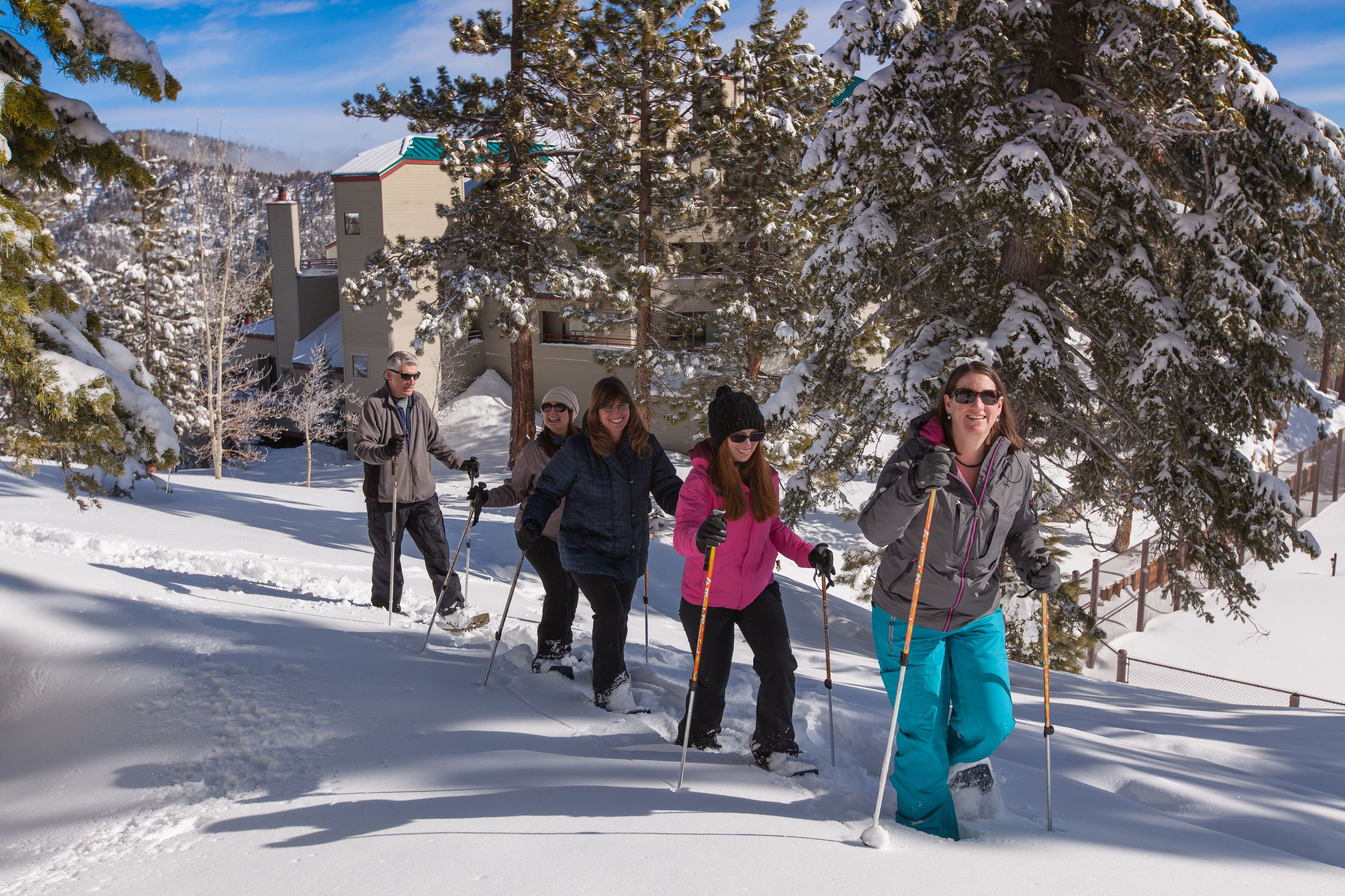 A group of people cross-country skiing in a snowy area with buildings in the background.