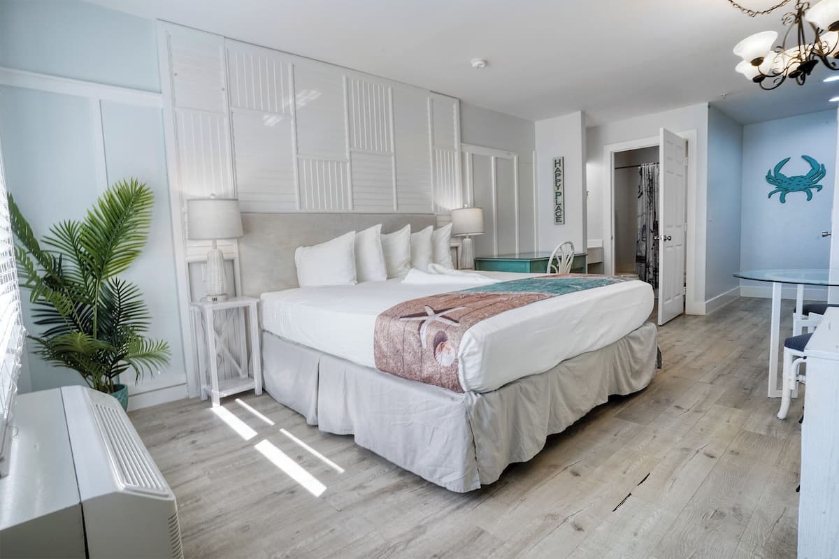 A bedroom with a large bed, a bedside table, a lamp, a potted plant, and a wall-mounted shelf.