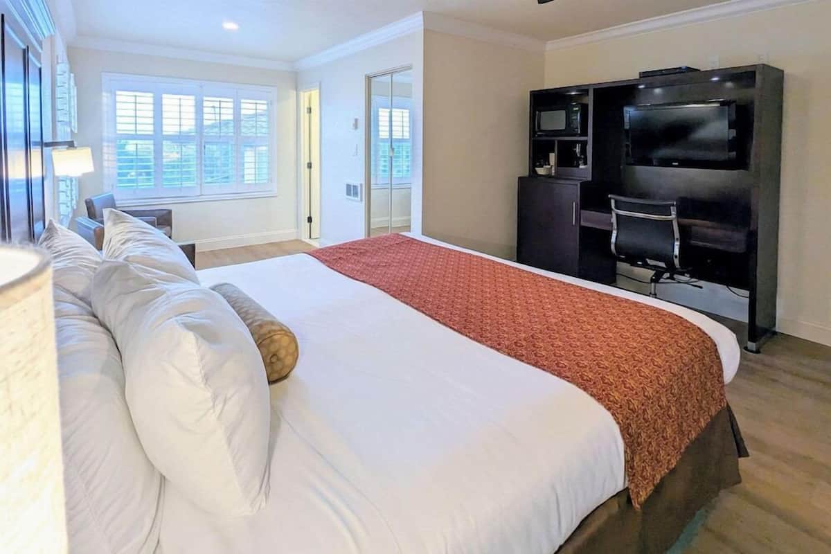 Quarto de hotel com uma cama grande, uma escrivaninha, uma cadeira, uma televisão e um guarda-roupa.