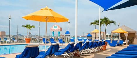 Uma área à beira da piscina com espreguiçadeiras azuis e guarda-sóis amarelos, uma placa para o Grand Hotel e palmeiras ao fundo.