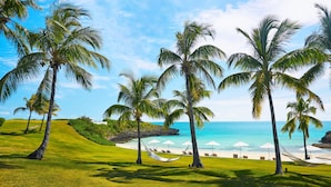 A tropical beach scene with palm trees, a hammock, and beach umbrellas. - The Cove Eleuthera (Gregory Town)