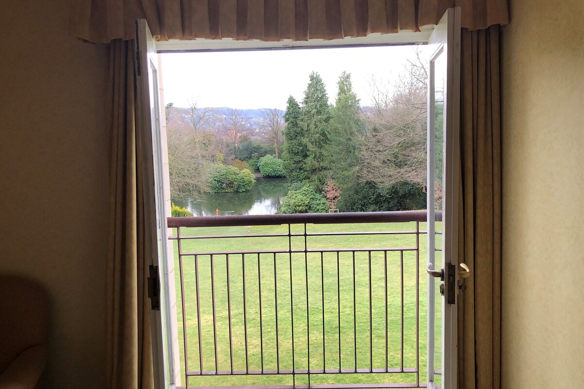 A view from a balcony with a metal railing, overlooking a grassy area and a body of water with trees and shrubs in the background.
