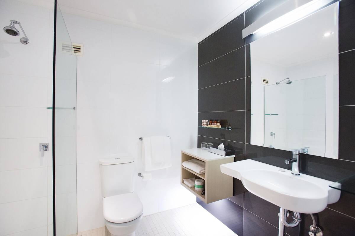 designer toiletries, hair dryer, towels, soap