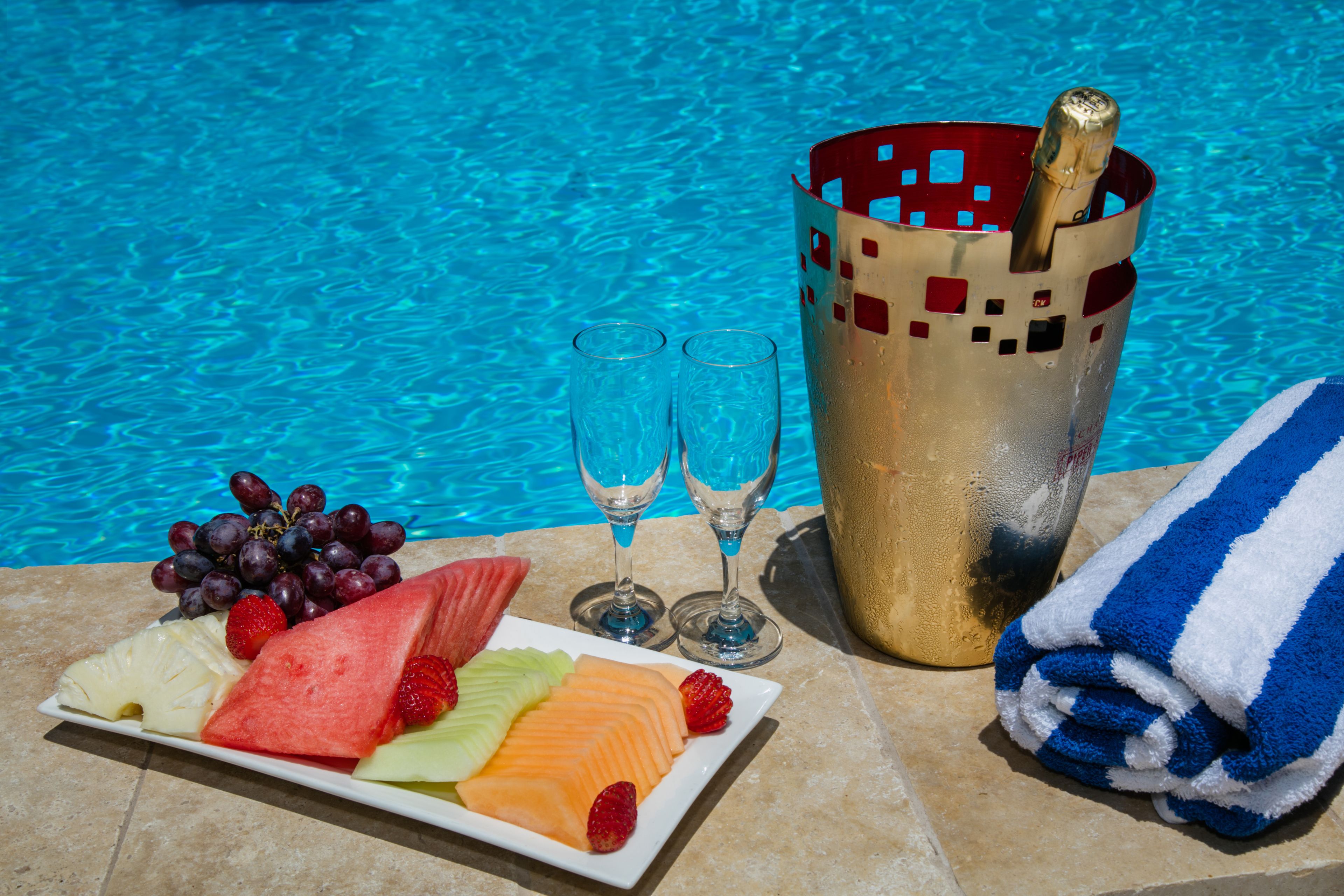 outdoor pool, pool umbrellas