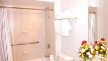 Bañera con ducha, artículos de tocador gratuitos, secador de pelo