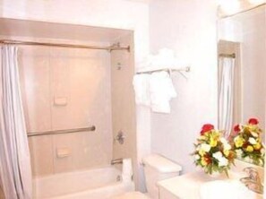 Combined shower/bathtub, free toiletries, hair dryer, towels