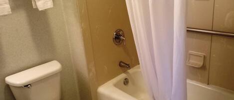 Un baño con inodoro, bañera y cortina de ducha.