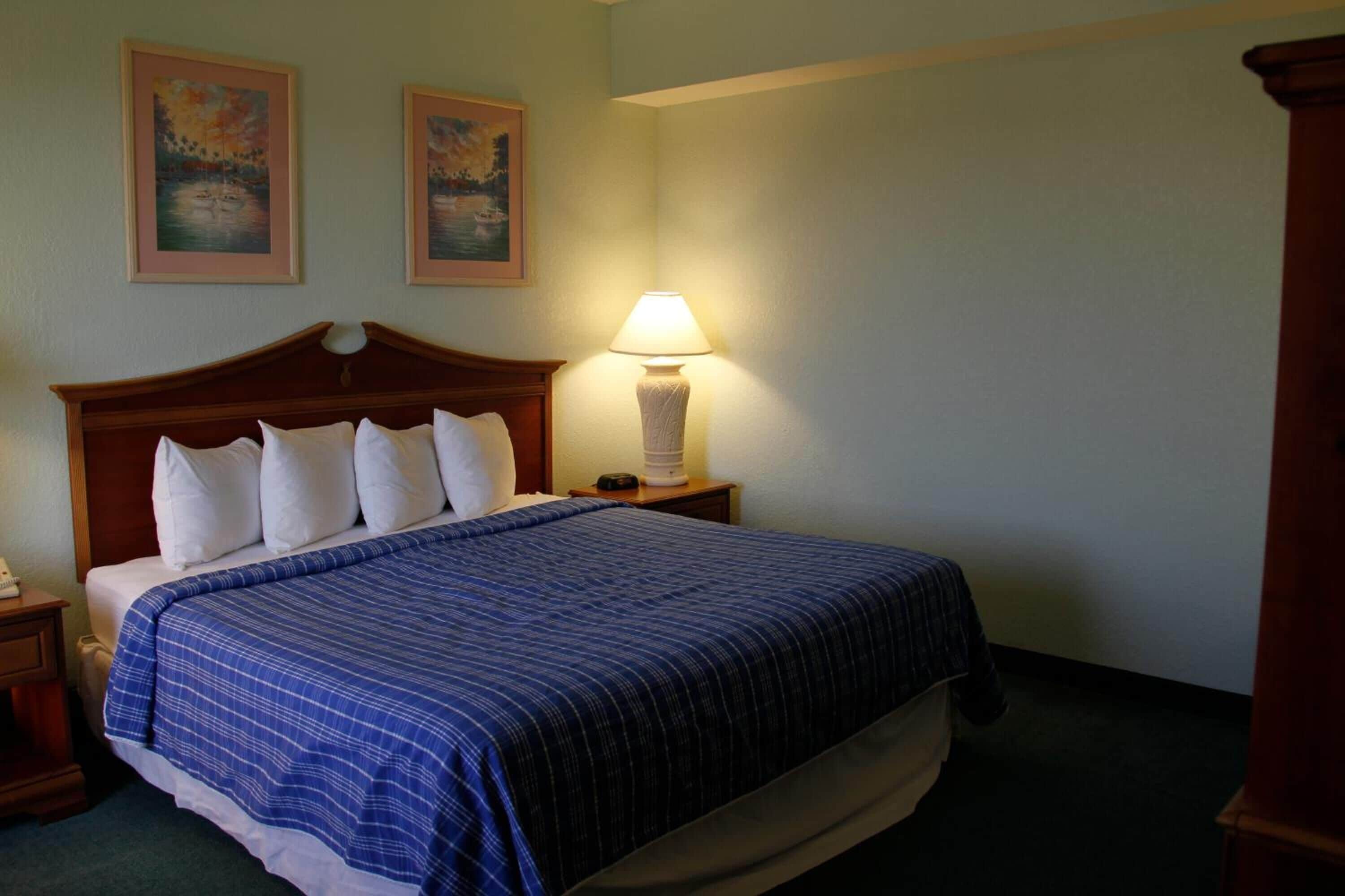 Habitación de hotel con una cama grande, una mesita de noche con lámpara y dos cuadros en la pared.