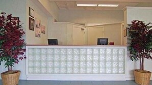 A reception area with a white reception desk, two potted plants, and framed pictures on the wall. - Cocoa Beach Suites (Cocoa Beach)