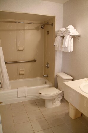 Combined shower/bathtub, free toiletries, hair dryer, towels