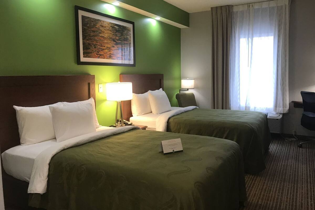 Habitación de hotel con dos camas, una pared verde, un cuadro, una lámpara y una ventana con cortinas.