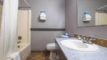 Un bagno con vasca, servizi igienici e lavandino.