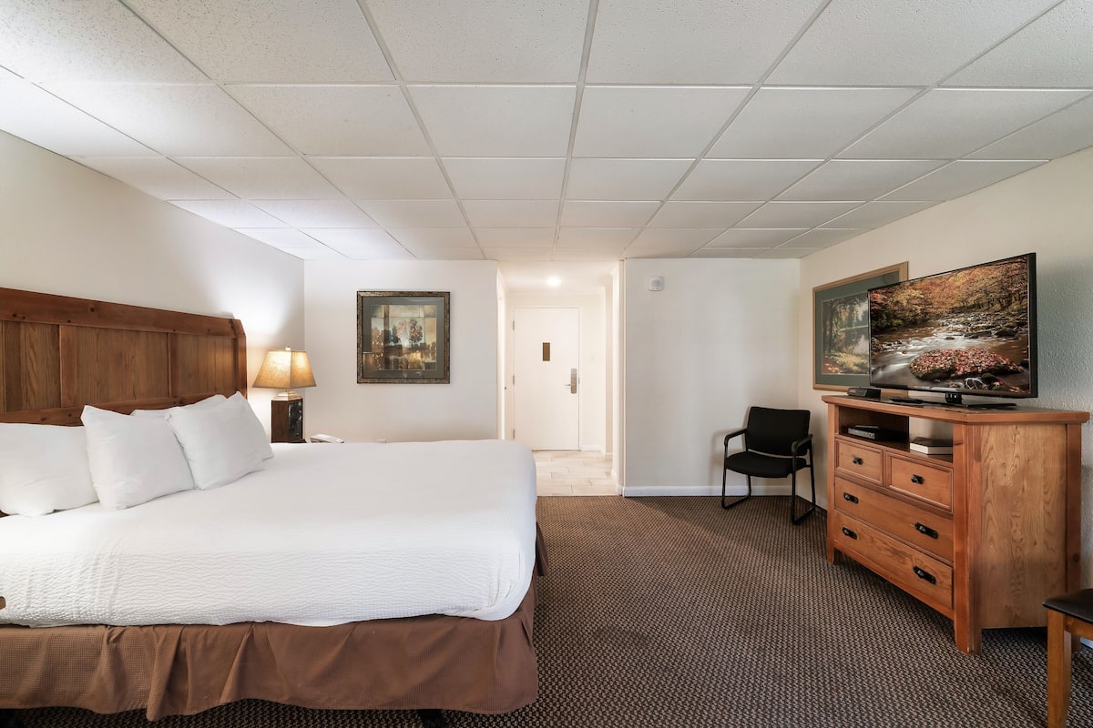 A hotel room with a large bed, a wooden dresser, a television, and a painting on the wall.