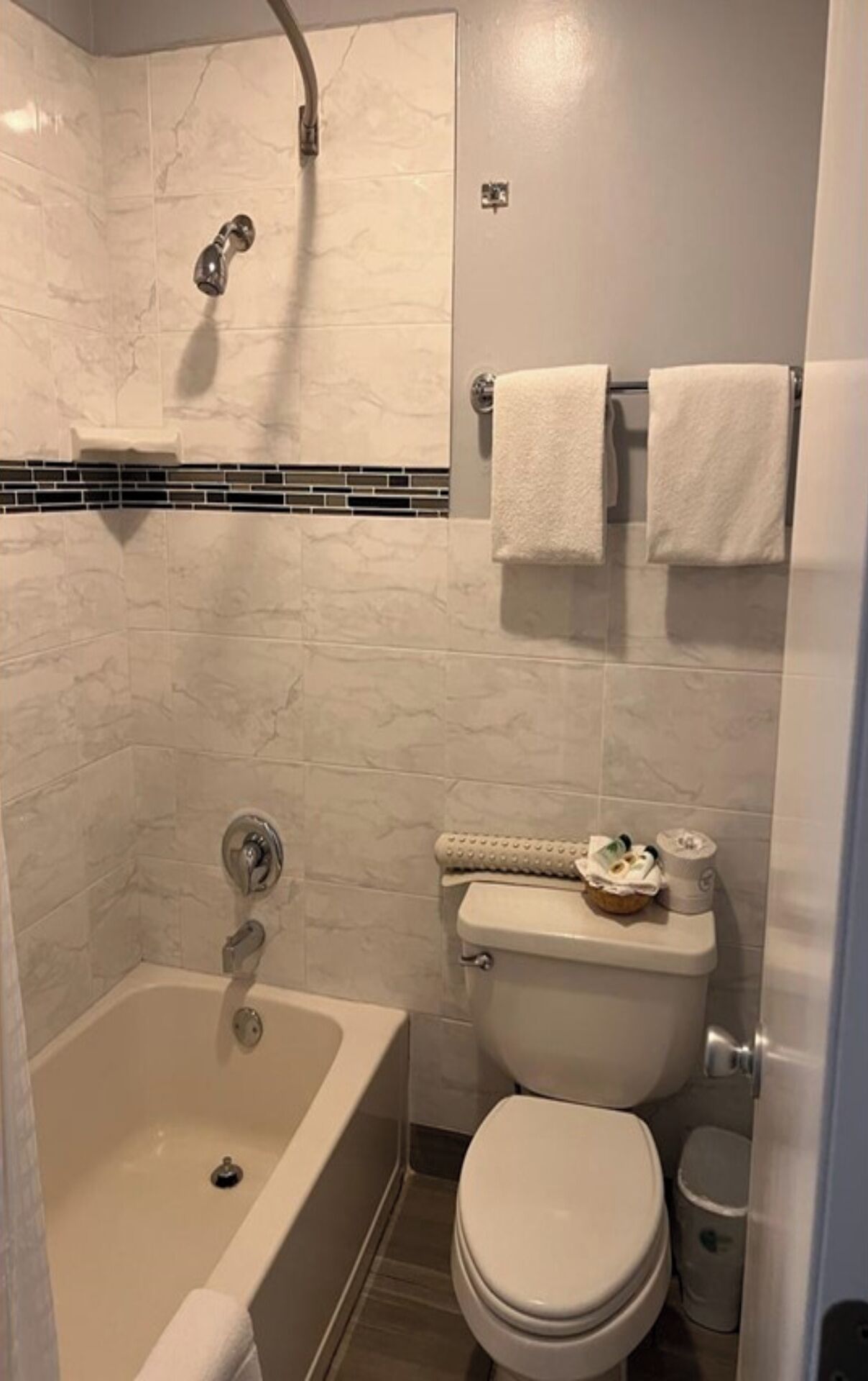 Ein Badezimmer mit Badewanne, Toilette und Dusche.
